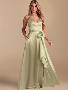 Azazie Light Sage V-Neck Spaghetti Strap Maxi Dress